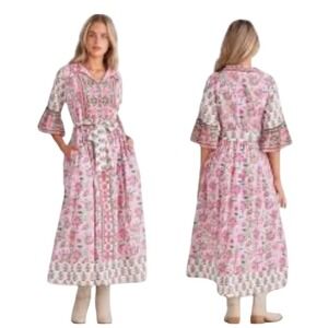 Talisman the Label Jardin NWT SZSM Block Floral Print Maxi Dress Pink Green Belt